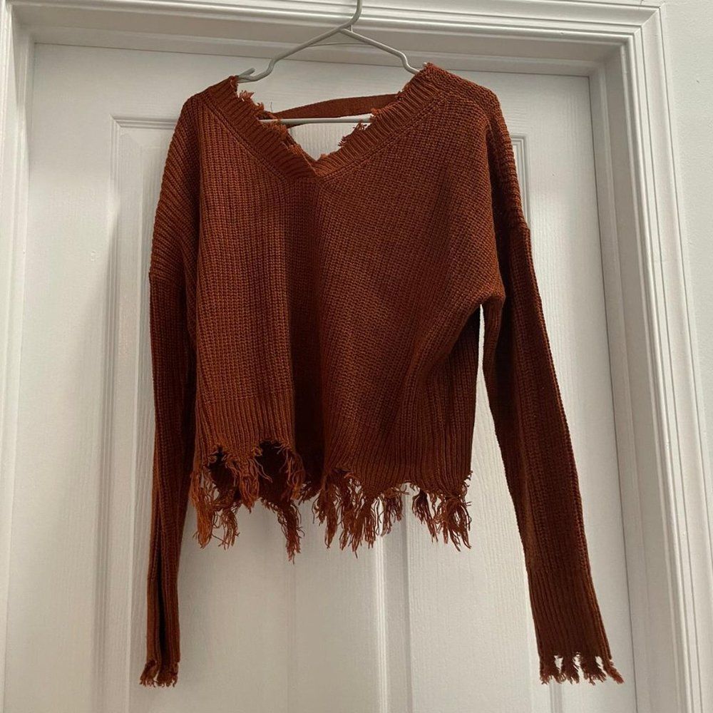 Full Circle Trends Womens Long Sleeve Shark Bite Sweater Size L Brown